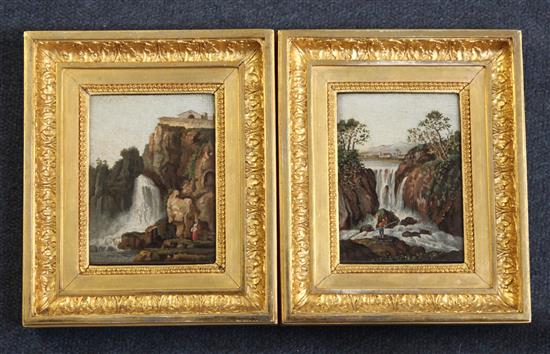 A pair of 19th century Italian micro-mosaic plaques, depicting figures beside waterfalls by Nicola de Vecchis, 4.5 x 3.25in., in gilt g